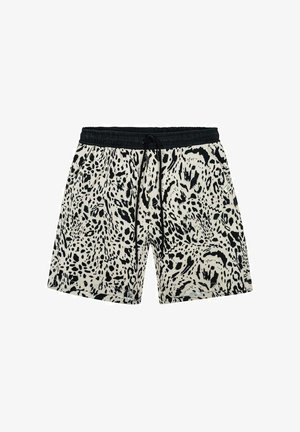Jasnobeżowe szorty z czarnym abstrakcyjnym zwierzęcym wzorem, elastycznym paskiem w talii i czarnym sznurkiem do wiązania.