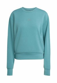 Turquoise sweatshirt made from soft cotton blend; features a crew neck, long sleeves, and a small embossed logo on the chest.