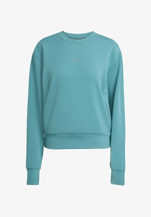 Turquoise sweatshirt made from soft cotton blend; features a crew neck, long sleeves, and a small embossed logo on the chest.