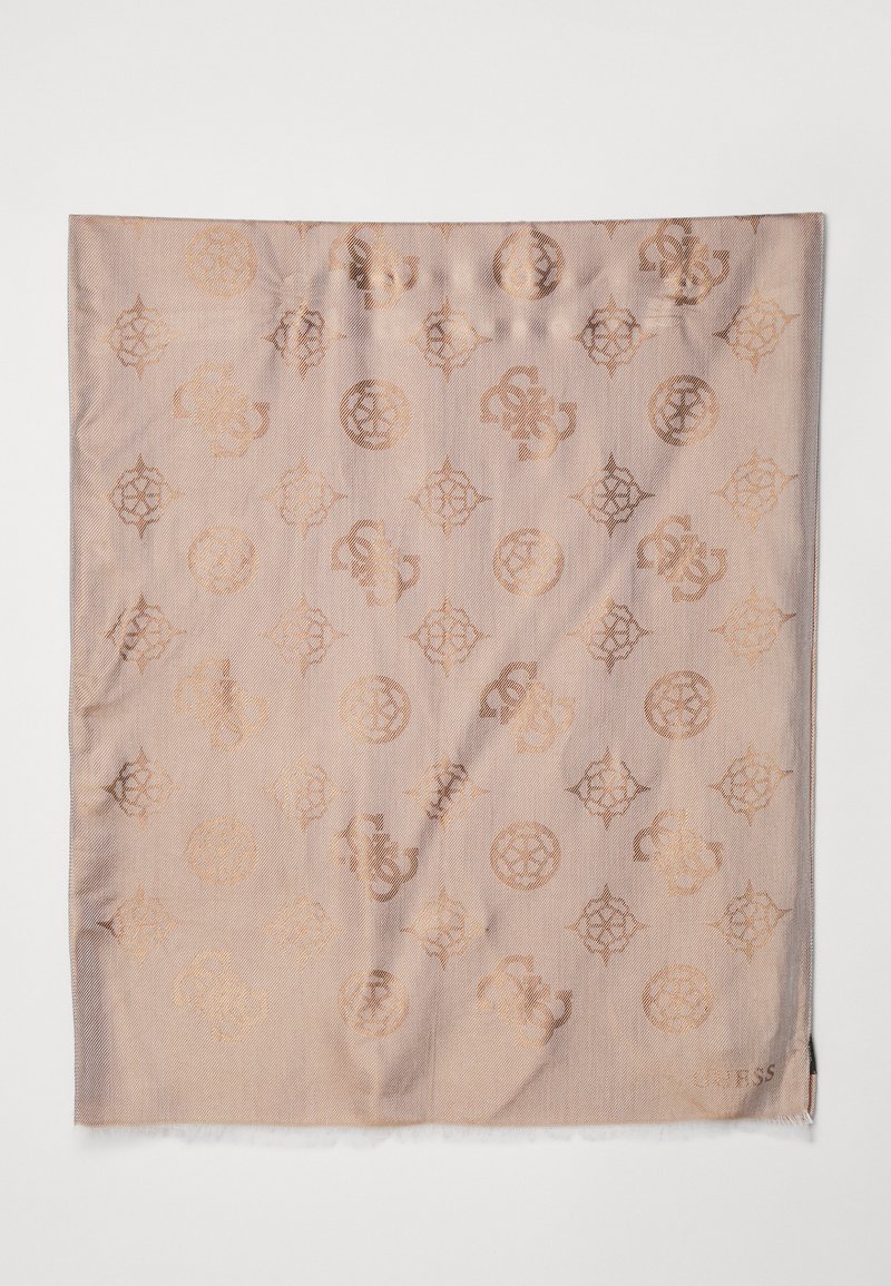 Sandy scarf med ett upprepat präglat mönster av cirklar och blommor, med en subtil glans och fransade kanter.