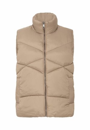 Beige vadderad väst med hög krage, dragkedja framtill och chevron-quiltat mönster. Mjukt material och utan ärmar för enkel rörelse.