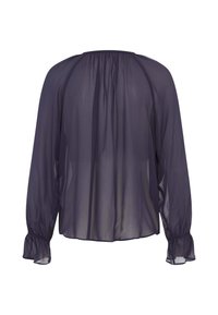 Blusa trasparente color navy con maniche lunghe, scollatura arricciata e polsini elasticizzati. Il tessuto è leggero e traslucido.