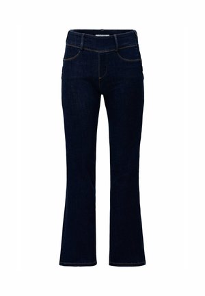 Jeans acampanados de color azul oscuro hechos de mezclilla. Cuentan con una cintura alta, dos bolsillos delanteros y costuras en contraste de color naranja a lo largo de las costuras.