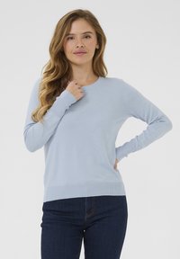 Pull-over long-sleeve bleu clair avec un col rond et des poignets côtelés. Fabriqué en tissu doux, il se distingue par sa texture lisse et sa coupe ajustée.