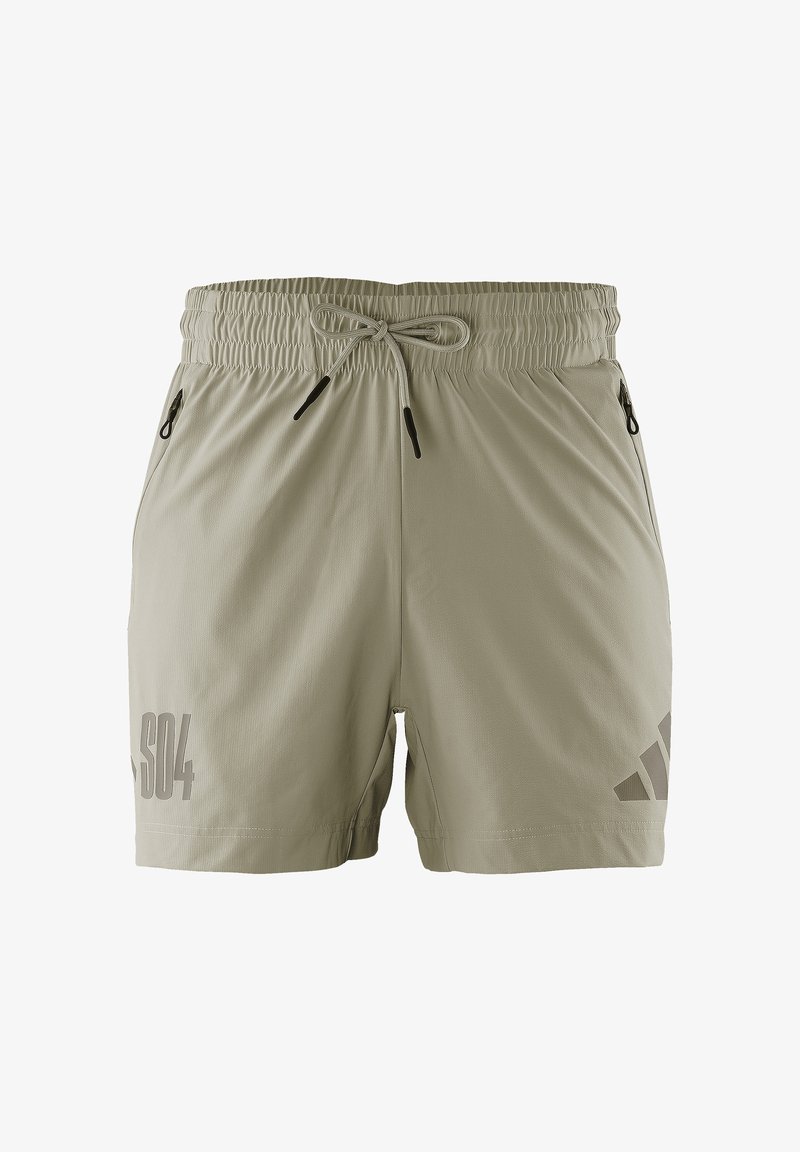 Shorts de sport beige clair avec taille élastique, cordon de serrage, poches zippées latérales et logos imprimés subtils sur les jambes.