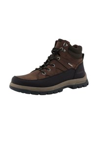 Bottes de randonnée mi-hautes marron et noires avec une tige en cuir texturé et en tissu, œillets en métal, col rembourré et semelle extérieure en caoutchouc robuste.