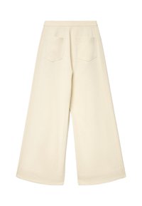 Pantaloni a gamba larga di colore crema chiaro, caratterizzati da una texture liscia, due tasche posteriori e una cintura pulita senza chiusure visibili.
