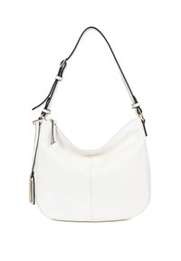 Witte leren hobo tas met een gebogen vorm, zwarte accenten, een verstelbare schouderriem en gouden hardware. Soepele textuur met een minimalistisch ontwerp.