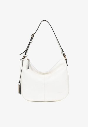 Weiße Leder-Hobo-Tasche mit geschwungener Form, schwarzen Akzenten, verstellbarem Tragegurt und goldfarbener Hardware. Glatte Textur mit minimalistischem Design.