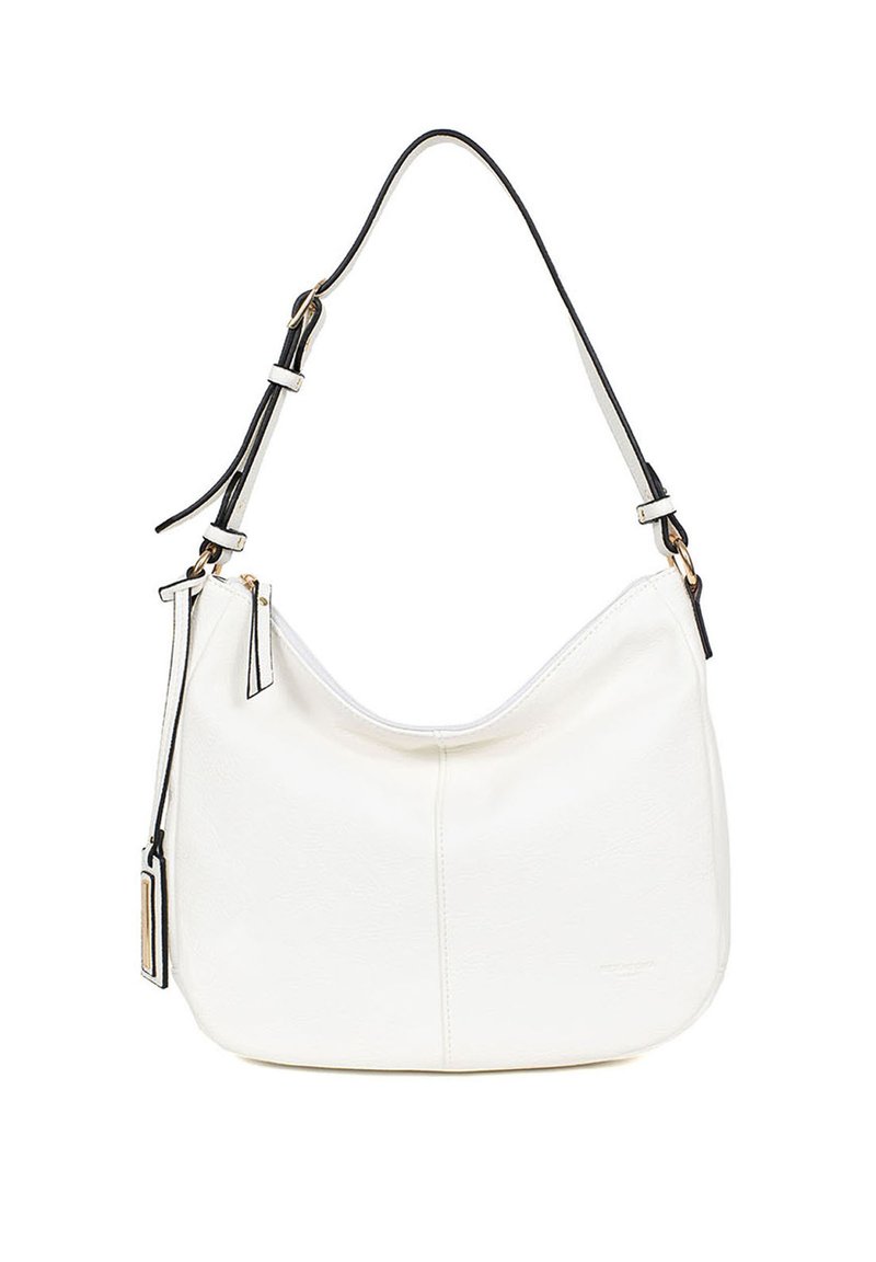Witte leren hobo tas met een gebogen vorm, zwarte accenten, een verstelbare schouderriem en gouden hardware. Soepele textuur met een minimalistisch ontwerp.