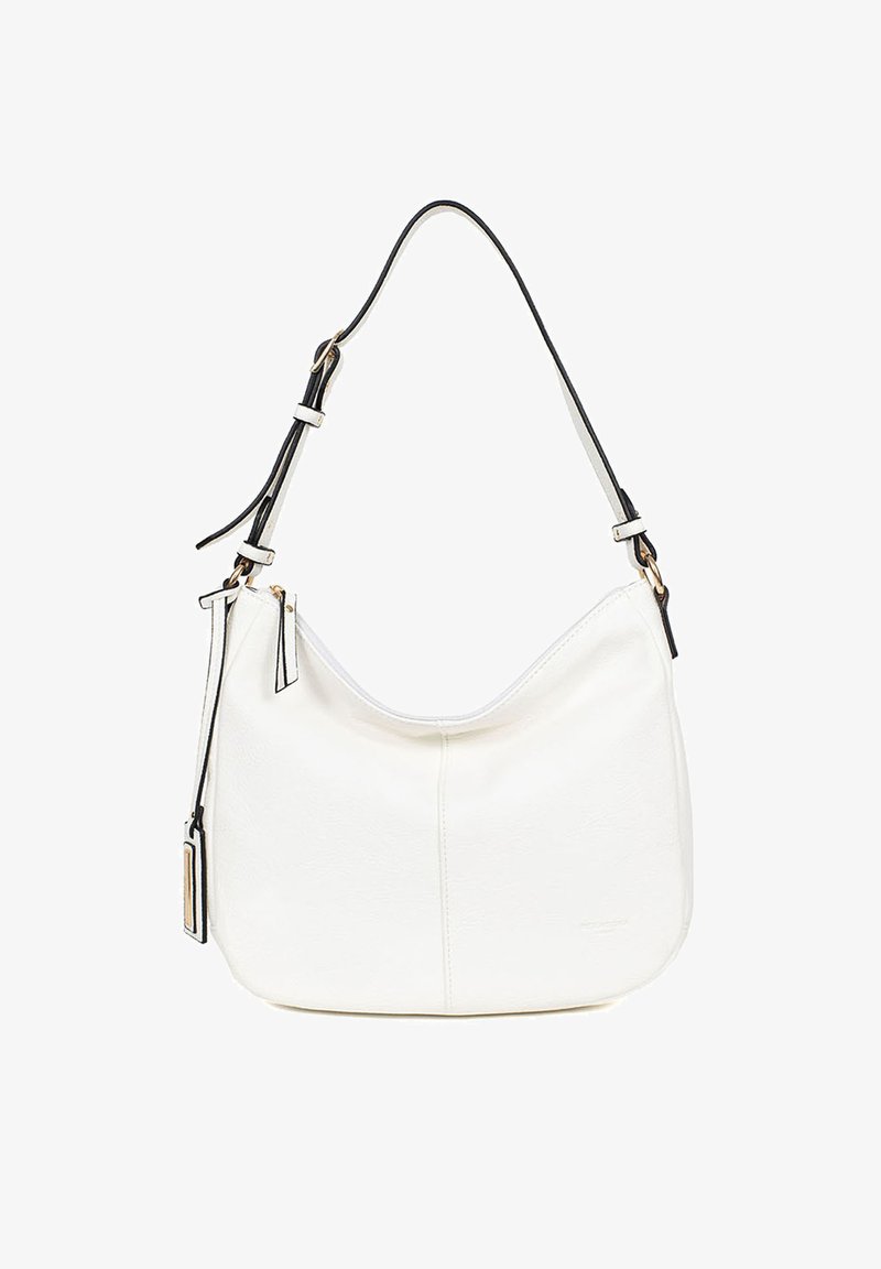 Witte leren hobo tas met een gebogen vorm, zwarte accenten, een verstelbare schouderriem en gouden hardware. Soepele textuur met een minimalistisch ontwerp.