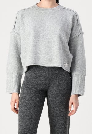 Světlé šedé krátké svetr s žebrovanými manžetami a kulatým výstřihem, který má měkkou texturu a minimální švy. Kombinováno s tmavě šedými přiléhavými kalhotami.