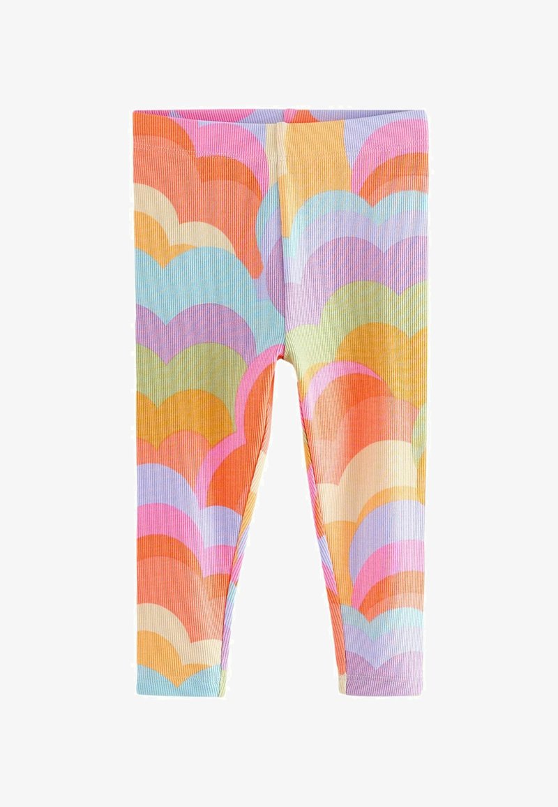 Leggings multicolore cu un model în valuri în nuanțe de roz, portocaliu, galben și albastru. Realizate dintr-un material ribbed, cu un design care se mulează pe corp.