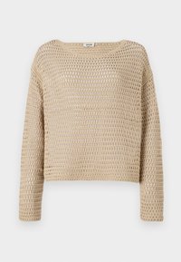 Beige gestrickter Pullover mit lockerer Passform, der ein strukturiertes, offenes Gewebe-Design, einen Rundhals und lange Ärmel aufweist.