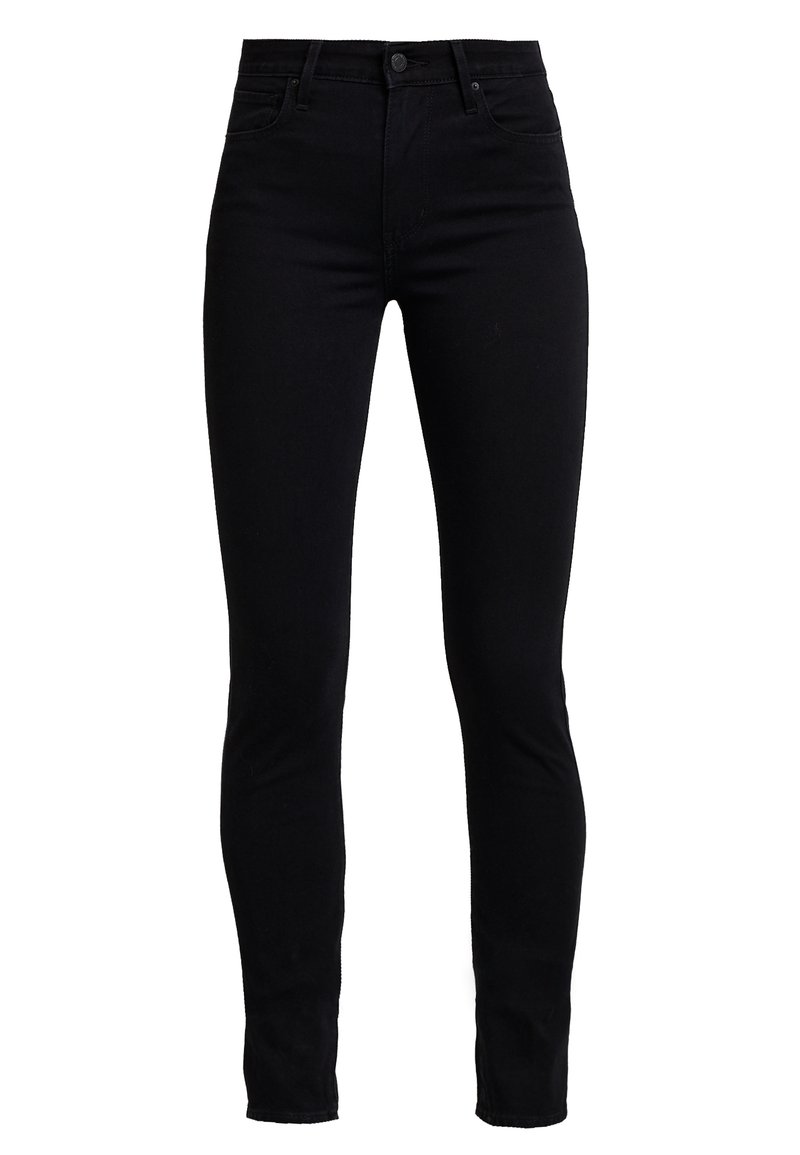 Zwarte skinny jeans van een katoenmix, met een hoge taille, een traditionele vijf-pocket ontwerp en een knoopsluiting aan de voorkant.