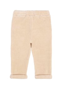 Beżowe spodnie niemowlęce z korduroy o miękkiej teksturze, z prążkowanym wzorem i podwiniętymi mankietami. Elastyczna talia dla wygody.