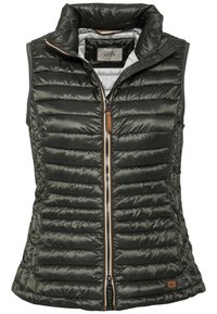 Mörkgrön qiltad ärmlös pufferväst med dragkedja fram och ståkrage, med varumärket Camel Active-märke inuti kragen.