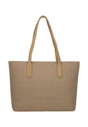 Bolsa de lona beige con asas de cuero, forma rectangular, logotipo en relieve en el frente y costuras en contraste en las uniones.