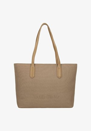 Borsa tote in tela beige con manici in pelle, forma rettangolare, marchio in rilievo sul davanti e cuciture a contrasto sulle cuciture.