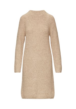 Beżowa dzianinowa sukienka z okrągłym dekoltem, długimi rękawami i luźnym krojem. Teksturowany materiał z subtelnym detalem prążkowania.