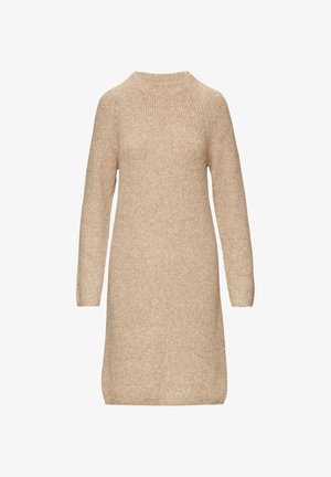 Beżowa dzianinowa sukienka z okrągłym dekoltem, długimi rękawami i luźnym krojem. Teksturowany materiał z subtelnym detalem prążkowania.
