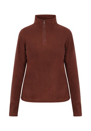 Bruine fleece pullover met een kwart ritssluiting, voorzien van lange mouwen en een gladde textuur. Eenvoudig ontwerp, zonder patronen of versieringen.