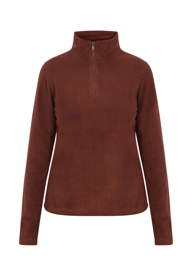 Brun fleecepullover med en kvartlynlås, der har lange ærmer og en glat tekstur. Enkel design uden mønstre eller udsmykninger.