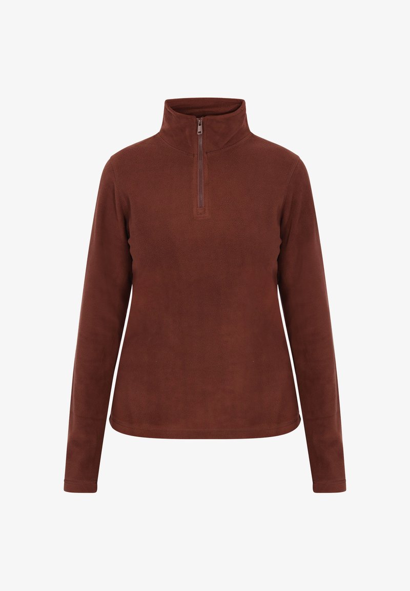 Barna bolyhos pulóver negyed cipzárral, hosszú ujjakkal és sima textúrával. Egyszerű dizájn, minta vagy díszítés nélkül.