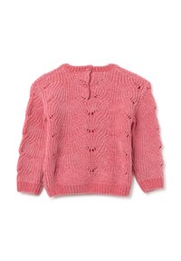 Rosa gestrickter Pullover mit strukturiertem Design, Rundhalsausschnitt und drei Knöpfen am Rücken. Kurze Ärmel und gerippter Saum.