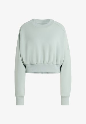 Felpa corta verde chiaro, realizzata in tessuto liscio. Presenta polsini a costine, scollo rotondo e maniche raglan.