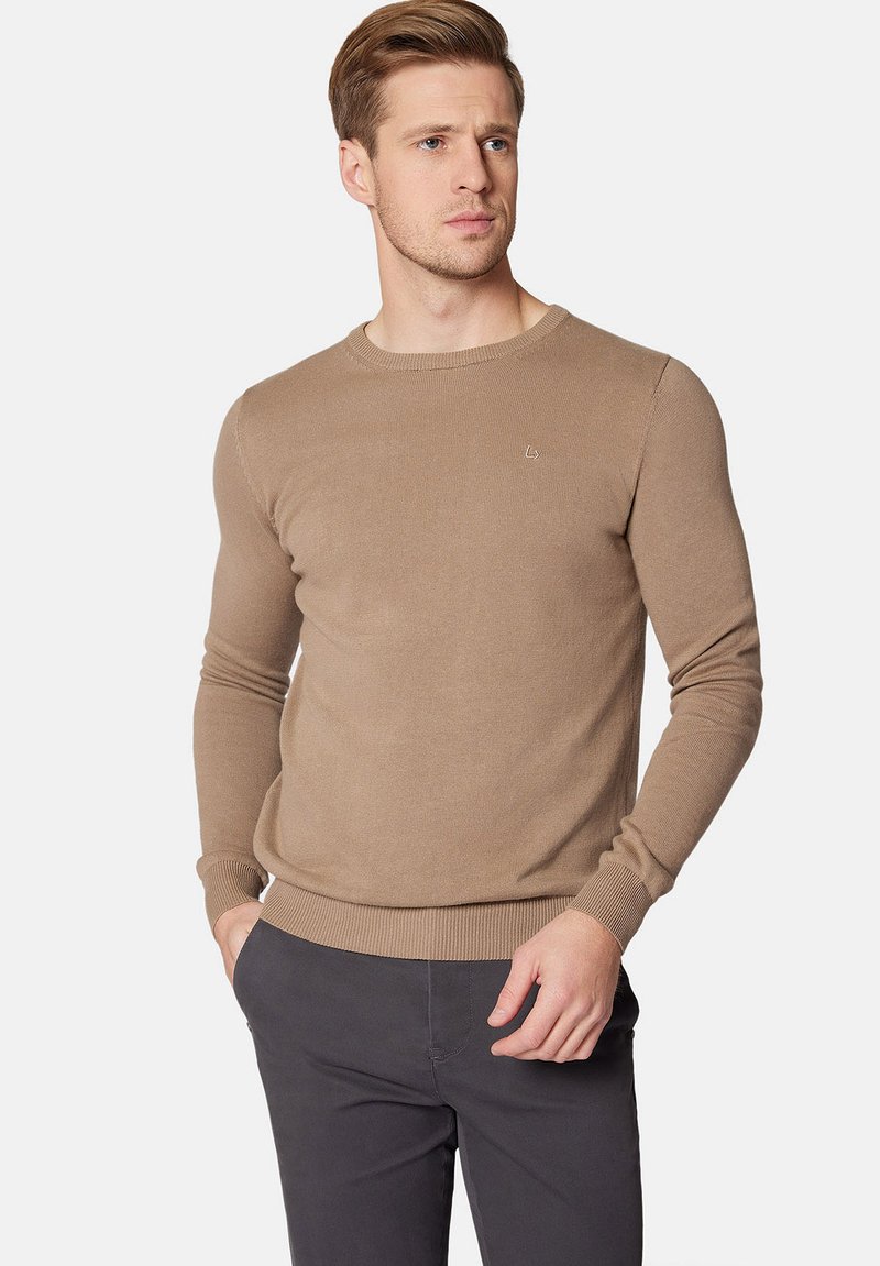 Beżowy sweter z okrągłym dekoltem i długimi rękawami, z prążkowanymi mankietami i dołem. Posiada małe logo na piersi. Gładki, lekki materiał dzianinowy.
