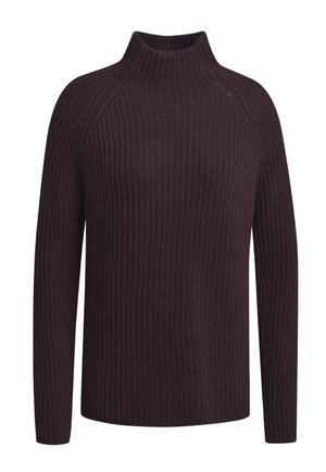 Burgundy ribbed turtleneck sweater with long sleeves, featuring a textured surface and fitted silhouette, made from a knit fabric.
