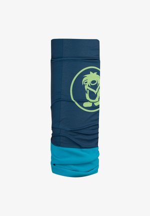 Multi-purpose neck tube in dark blue and turquoise, featuring a green character logo in a circular design, made of soft, stretchable fabric.