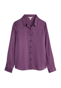 Blusa viola a maniche lunghe con colletto e chiusura a bottoni. Realizzata in tessuto morbido con una vestibilità leggermente rilassata e maniche con polsini.