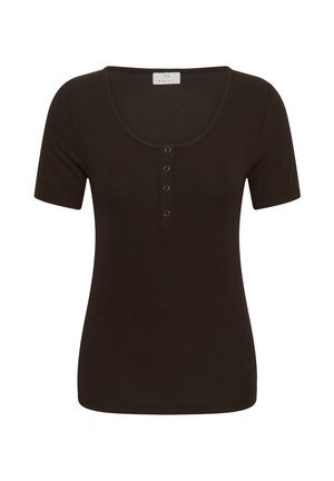 Top negru cu mâneci scurte, tricotat pe nervuri, cu decolteu rotund și patru nasturi mici în față, așezați pe centru.