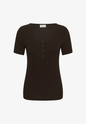 Črna kratka majica iz rebraste pletenine z okroglim izrezom in štirimi majhnimi gumbi spredaj po sredini.