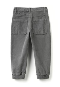 Grijze corduroy broek met een slim fit, elastische boorden, twee achterzakken en een gestructureerd oppervlak. Eenvoudig ontwerp en minimale details.