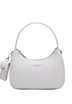 White textured handbag with short handle, detachable strap, small pouch attached, and "DIANA&CO FIRENZE" logo centered on front.
