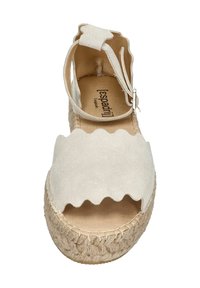 White suede espadrille platform sandal with scalloped design, open toe, ankle strap, and woven jute sole. Features a flat heel.
