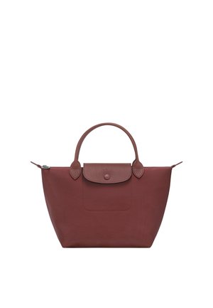 Brown tote bag with two handles, a front flap with button closure, and a zipper at the top against a white background.