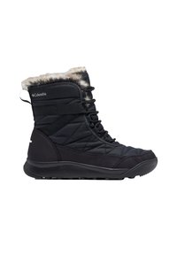 Schwarzer isolierter Winterstiefel mit Fellbesatz, Schnürverschluss und gepolsterter Konstruktion, geeignet für kaltes Wetter, mit Columbia-Logo an der Seite.