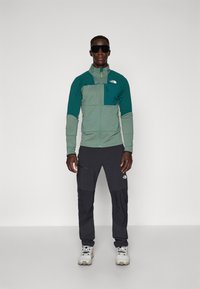 Grønn og teal glidelås fleecejakke med teksturerte paneler, kombinert med svarte cargo-bukser. Merkbare ankel-lengde og glidelåsdetaljer. Hvite joggesko.