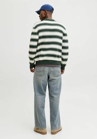 Svītrainā džemperī zaļā un baltā krāsā ar ribotām piedurknēm. Brīvā izgriezuma gaiši zilās džinsās un bēšās kurpes. Zilā cepurē uz galvas.