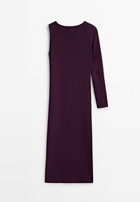 Robe midi en maille côtelée à manches longues, couleur violet foncé, avec un col rond, présentée à plat sur un fond blanc.