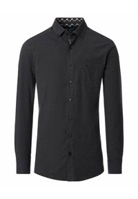 Dunkelgraues Langarmhemd aus strukturiertem Stoff. Mit einem Button-Down-Kragen, einer Brusttasche und einem kontrastierenden gemusterten inneren Kragen.