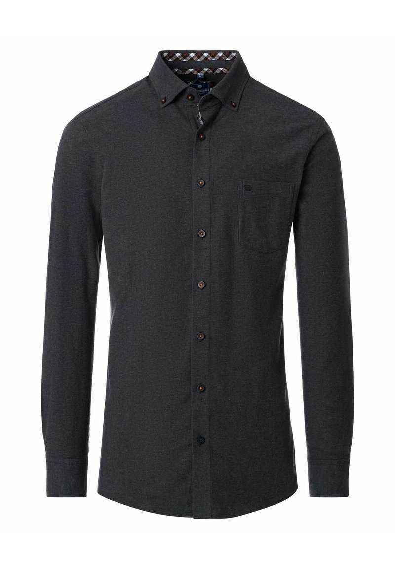 Dunkelgraues Langarmhemd aus strukturiertem Stoff. Mit einem Button-Down-Kragen, einer Brusttasche und einem kontrastierenden gemusterten inneren Kragen.