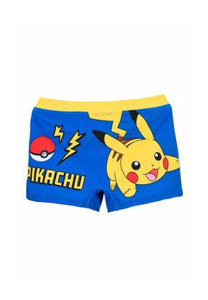 Blue and yellow children's swim shorts with a smiling Pikachu, two lightning bolts, a Poké Ball, and "PIKACHU" text.