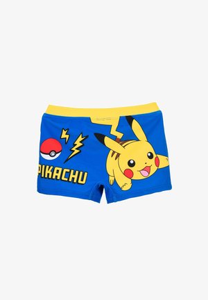 Blaue und gelbe Kinder-Badeshorts mit einem lächelnden Pikachu, zwei Blitzen, einem Poké Ball und dem Schriftzug "PIKACHU".