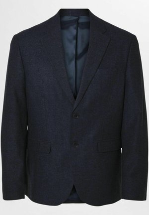 Mörkblå blazer i texturerad tyg. Har en tvåknappsfunktion, slagkrage och två sidofickor. Satinfoder som är synligt inuti.