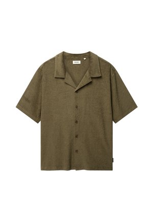 Krátky rukáv olivovo zelená košeľa na gombíky s zárezovým golierom a jemným textúrovaným vzorom od Shiwi.